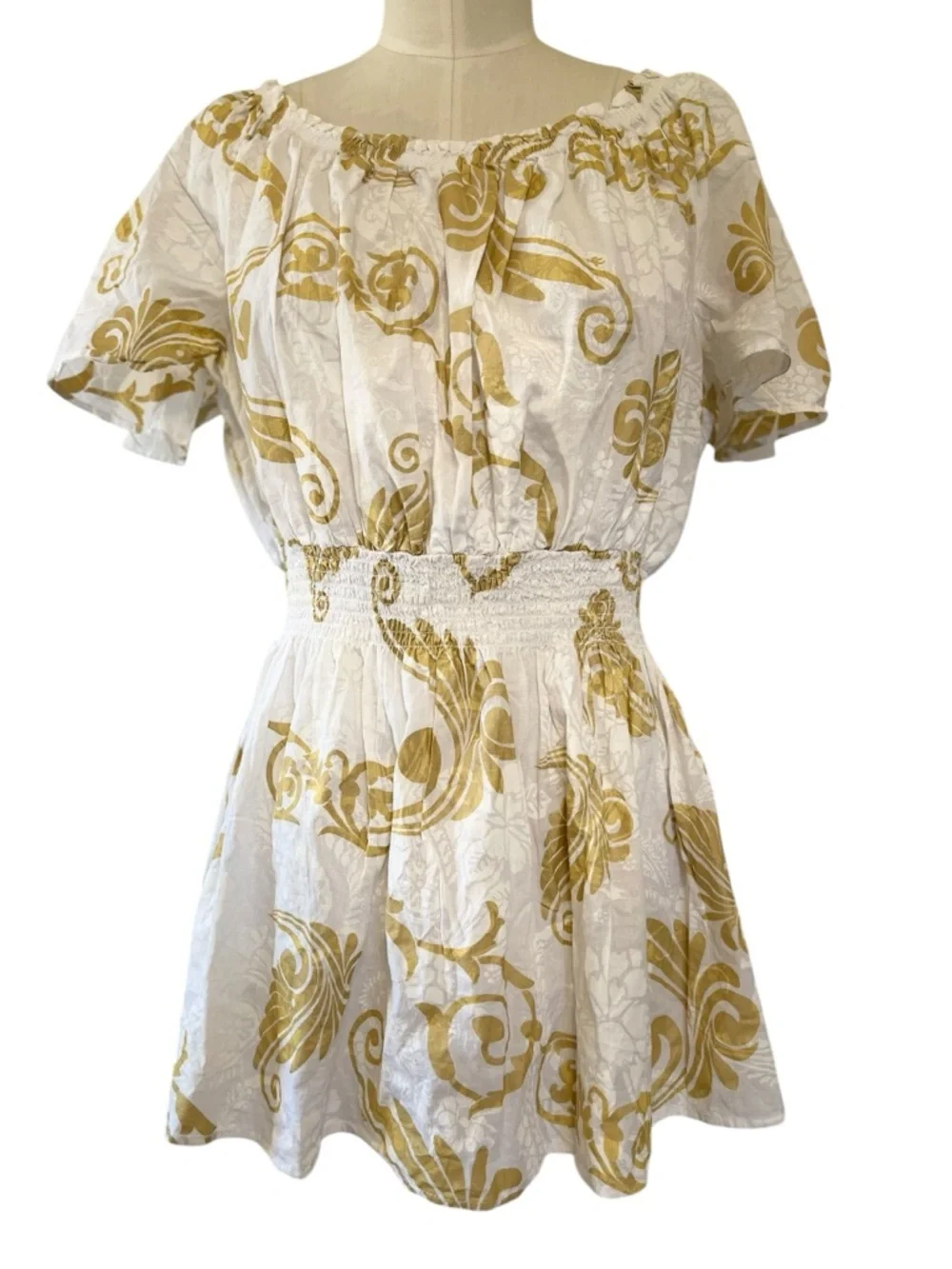 ❤️ Ashley Stewart Paisley Poplin White x Gold Mini Dress 1X - Picture 2 of 8